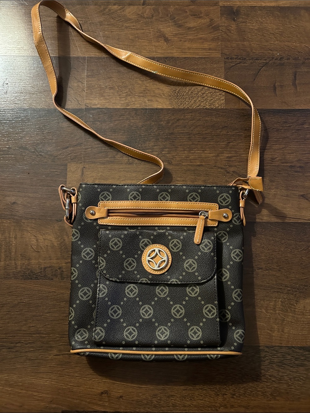 Brown Monogram Crossbody Bag with Tan Trim